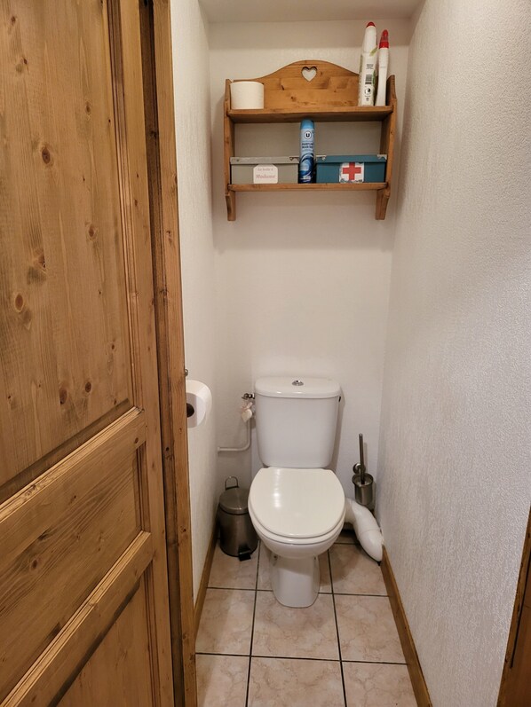 A small bathroom with a wooden door, a toilet, a shelf with toiletries, and a trash bin. - 3-Star Apartment at the Foot of the Slopes—Patio—Sleeps 4–6—2 Bedrooms (Les Deux Alpes)