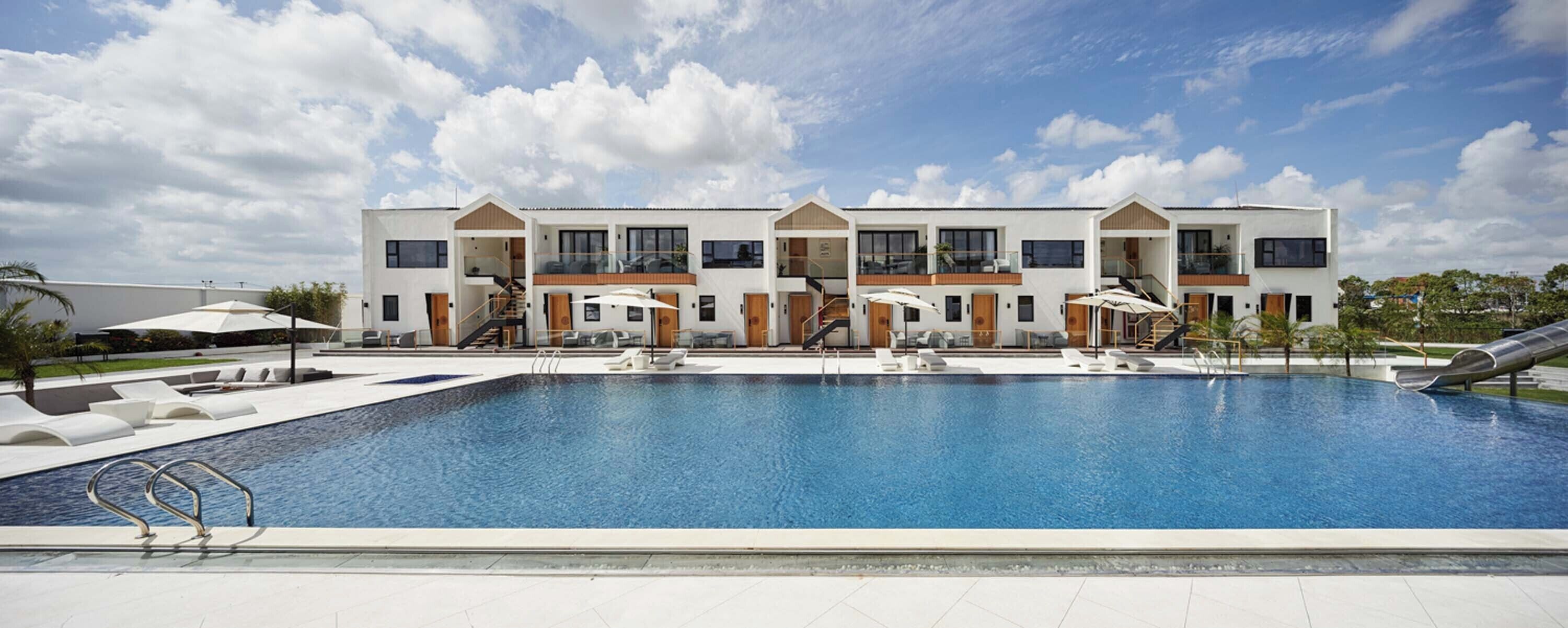 Outdoor pool, pool umbrellas, pool loungers
