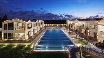 Outdoor pool, pool umbrellas, pool loungers