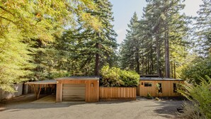 Une zone boisée comprenant deux constructions en bois, l’une avec une porte de garage et l’autre avec une fenêtre.