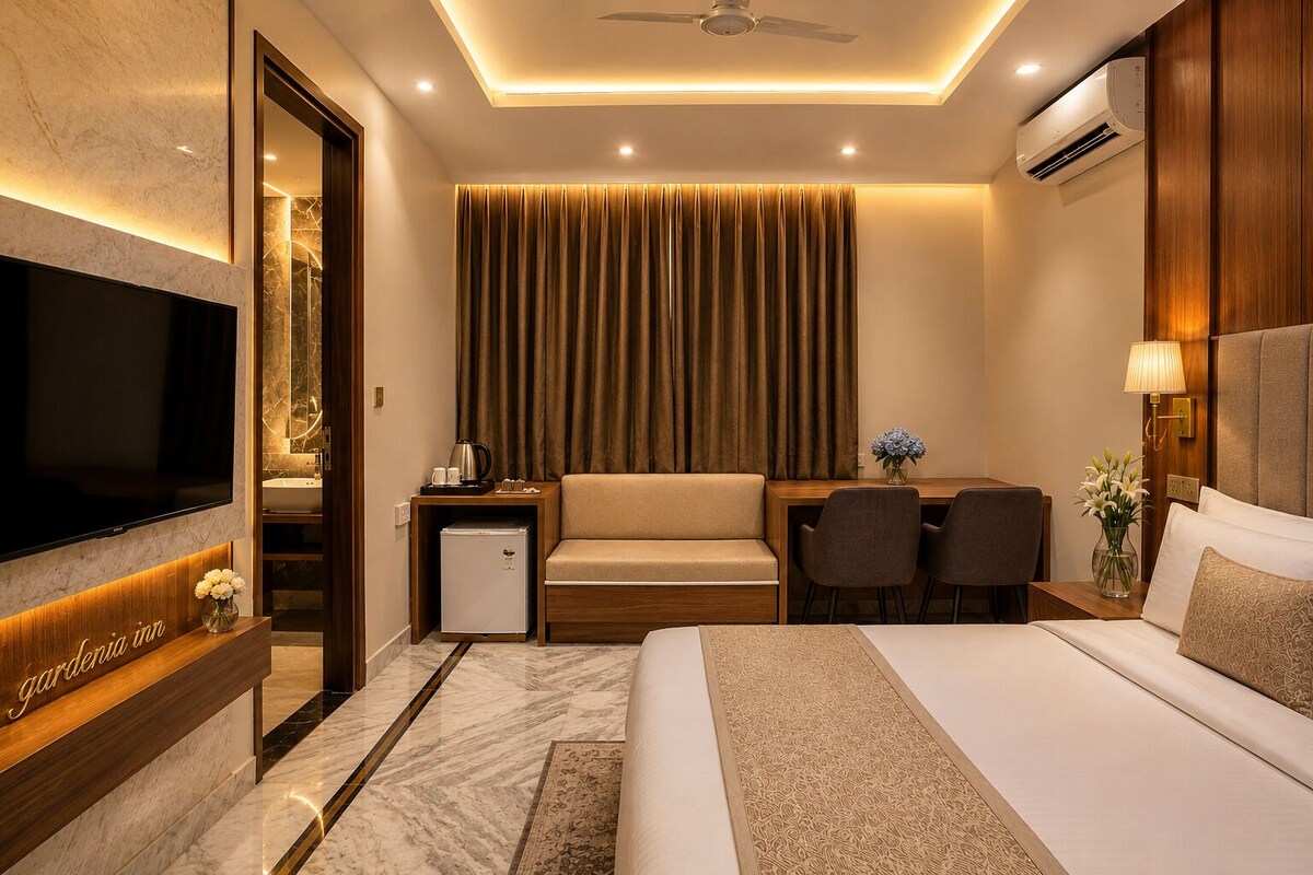 Habitación de hotel con cama, escritorio, silla, televisor, refrigerador pequeño y ventilador de techo.