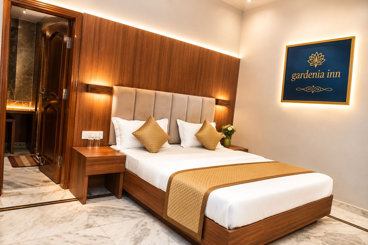 Quarto de hotel com cabeceira de madeira, cama com roupa de cama branca e duas almofadas, mesa de cabeceira com abajur e um quadro na parede.