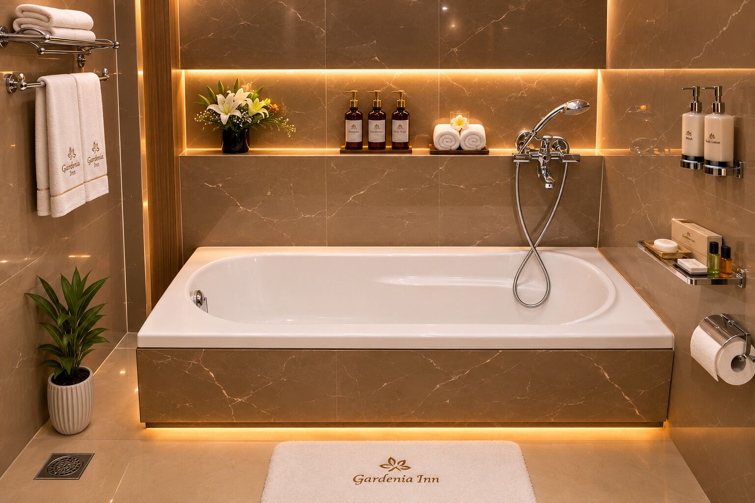 Un bagno moderno con una grande vasca, pareti in marmo e uno scaffale con articoli da toilette.