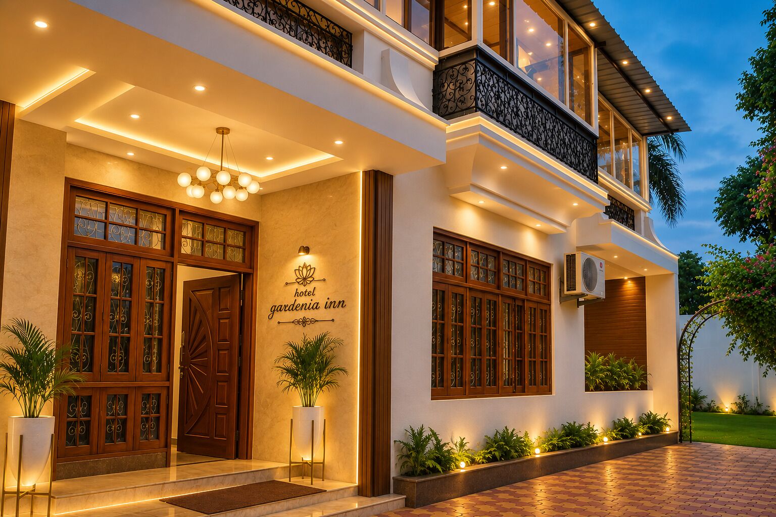 Entrada de un hotel con una puerta de madera grande, un letrero que dice 'hotel gardenia inn' y un exterior bien iluminado con plantas en macetas.