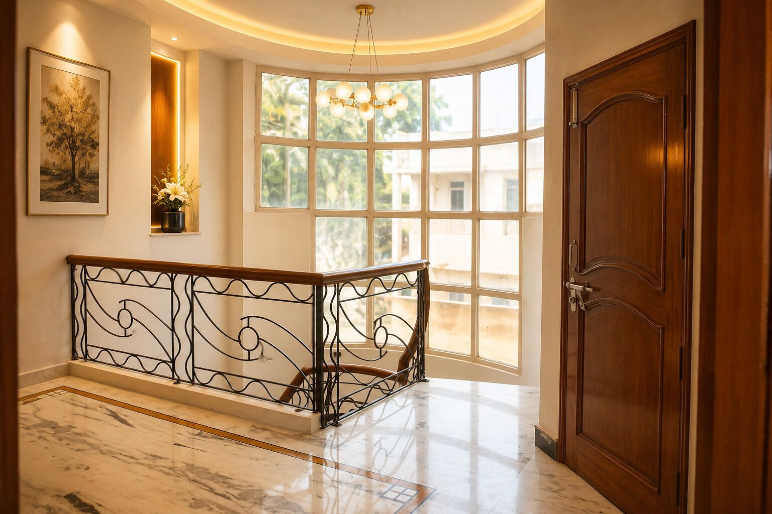 Un pasillo con piso de mármol, una puerta de madera y una barandilla curva con un aplique de luz.
