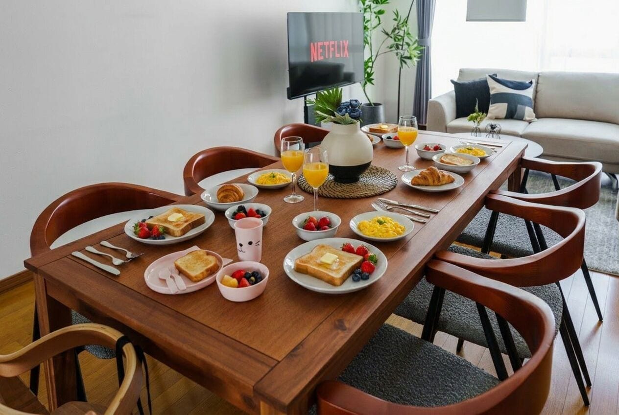 Mesa de comedor preparada con cosas para el desayuno, un televisor mostrando 'NETFLIX' y un sofá al fondo.