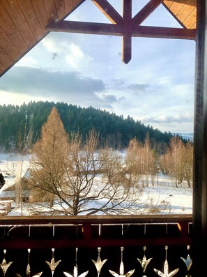 En utsikt från ett fönster med ett träpanelat tak och ett metallräcke, med utsikt över ett snötäckt landskap med träd och en skogbeklädd kulle.