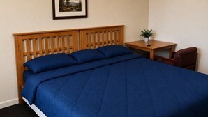 Habitación de hotel con cabecera de madera, cama grande con ropa de cama azul, una mesita con una planta y una silla.