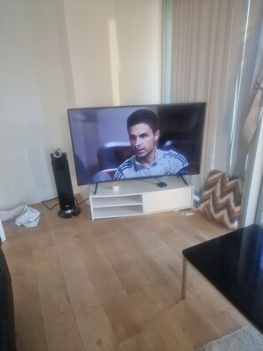 Un televisor de pantalla plana sobre un soporte, con un control remoto, un altavoz blanco y un cojín estampado sobre un suelo de madera.