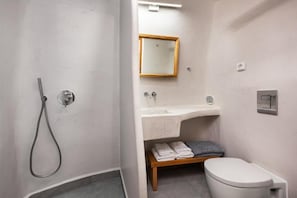 Un baño moderno con ducha, lavamanos e inodoro.