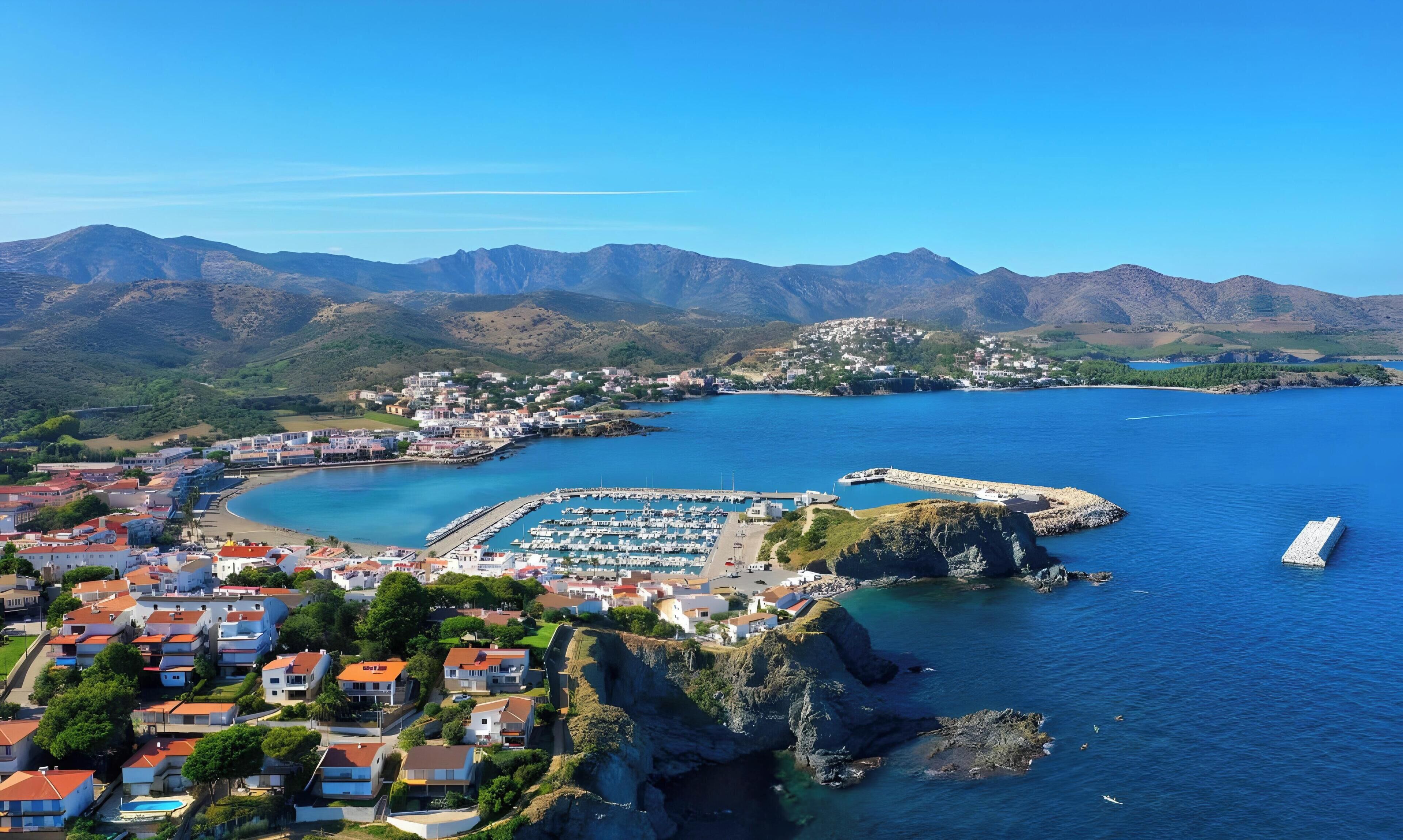 Un pueblo costero con un puerto deportivo, casas y montañas al fondo.