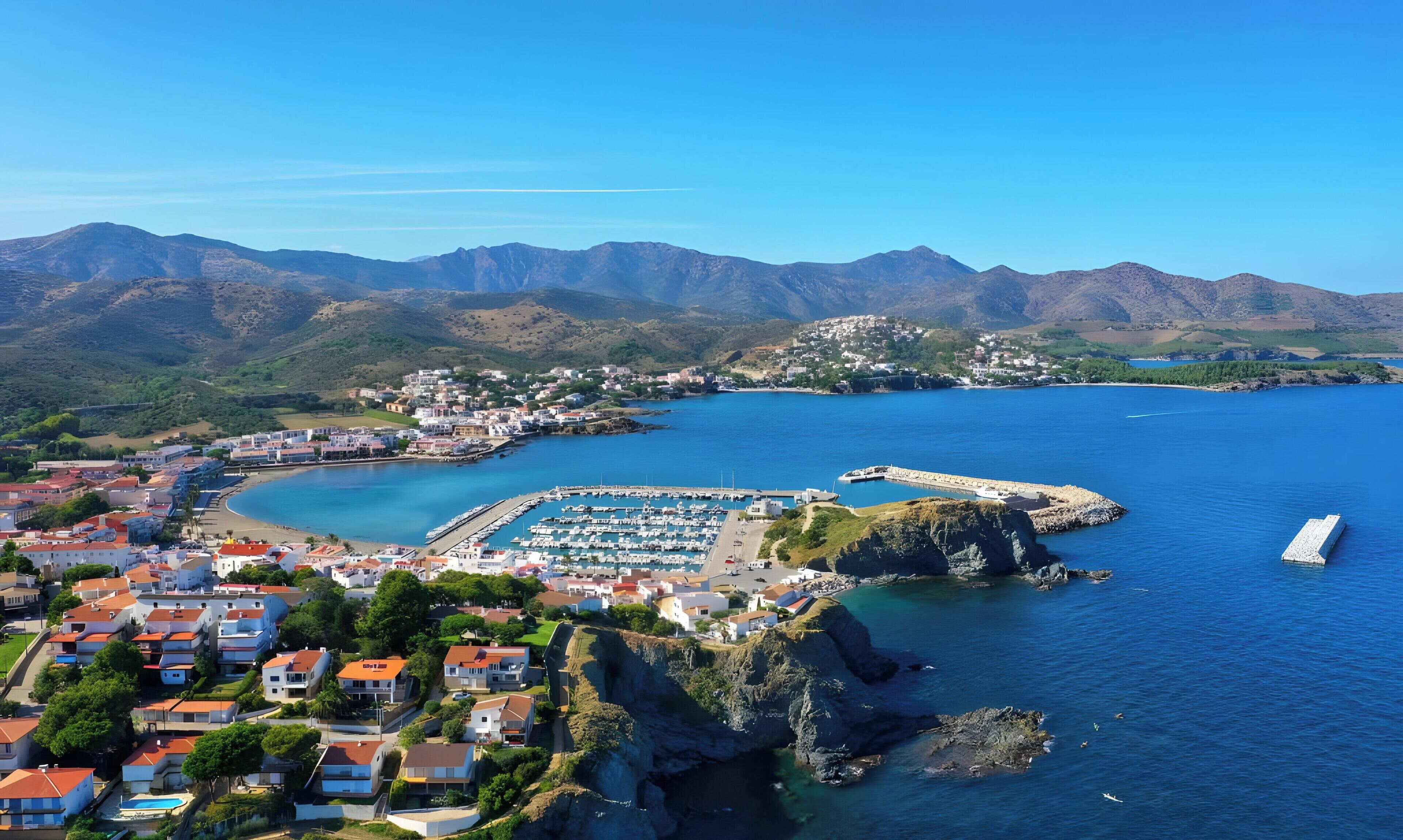Un pueblo costero con un puerto deportivo, casas y montañas al fondo.