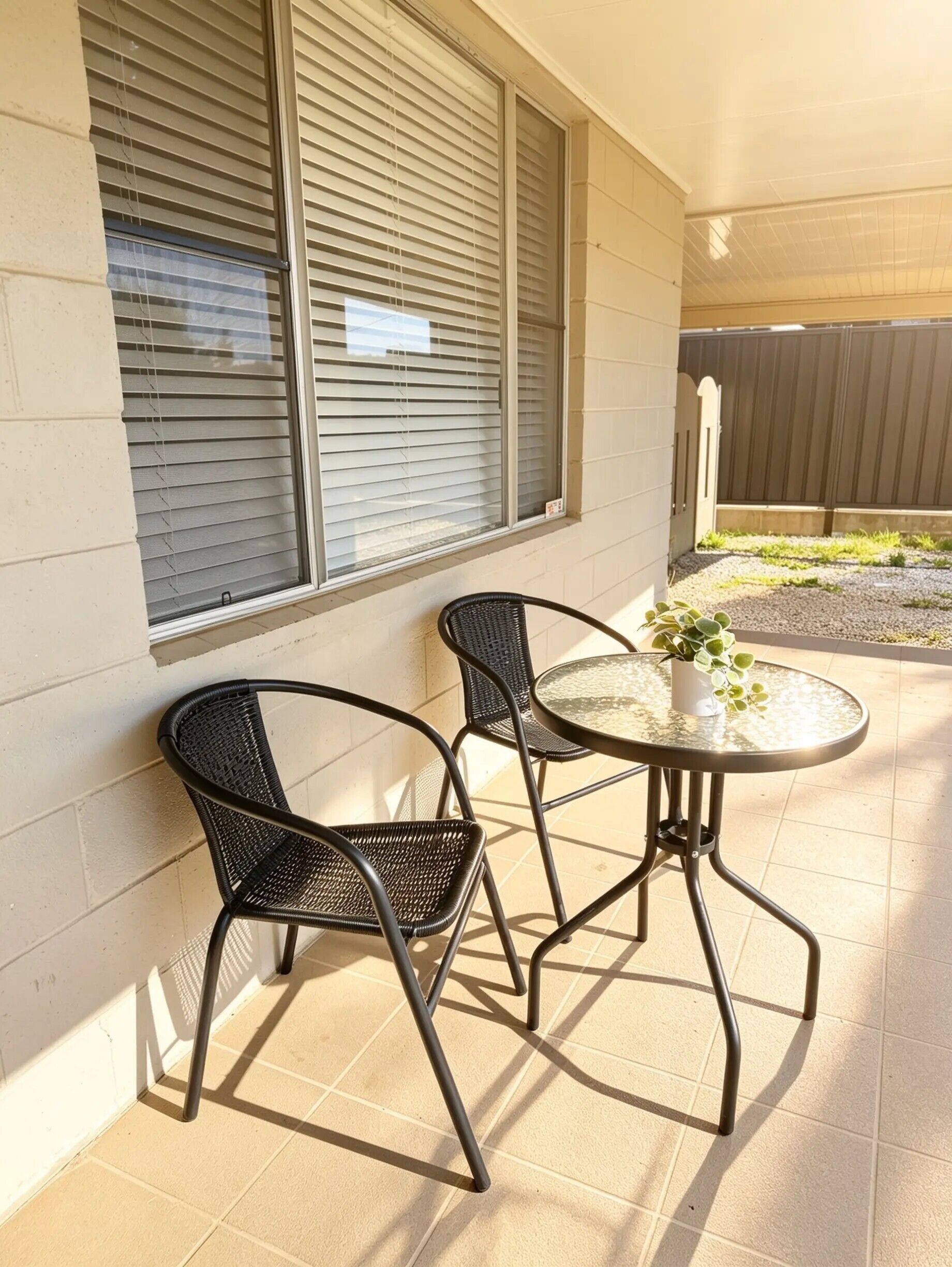 An outdoor patio with two chairs and a table, a potted plant, and a view of a gated area.