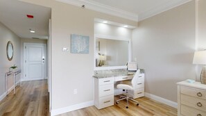 A modern bathroom with a vanity, mirror, and a shower area. - Summit 0908A Romantic Gulf-View Studio at TOPS'L Resort (Miramar Beach)