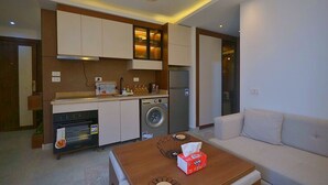 Un espacio habitable compacto con kitchenette, lavadora, sofá y mesa de centro.