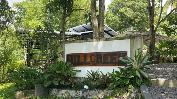Un panneau portant l’inscription « HILLCREEK », placé dans un environnement naturel, avec de la verdure et un mur de pierres.