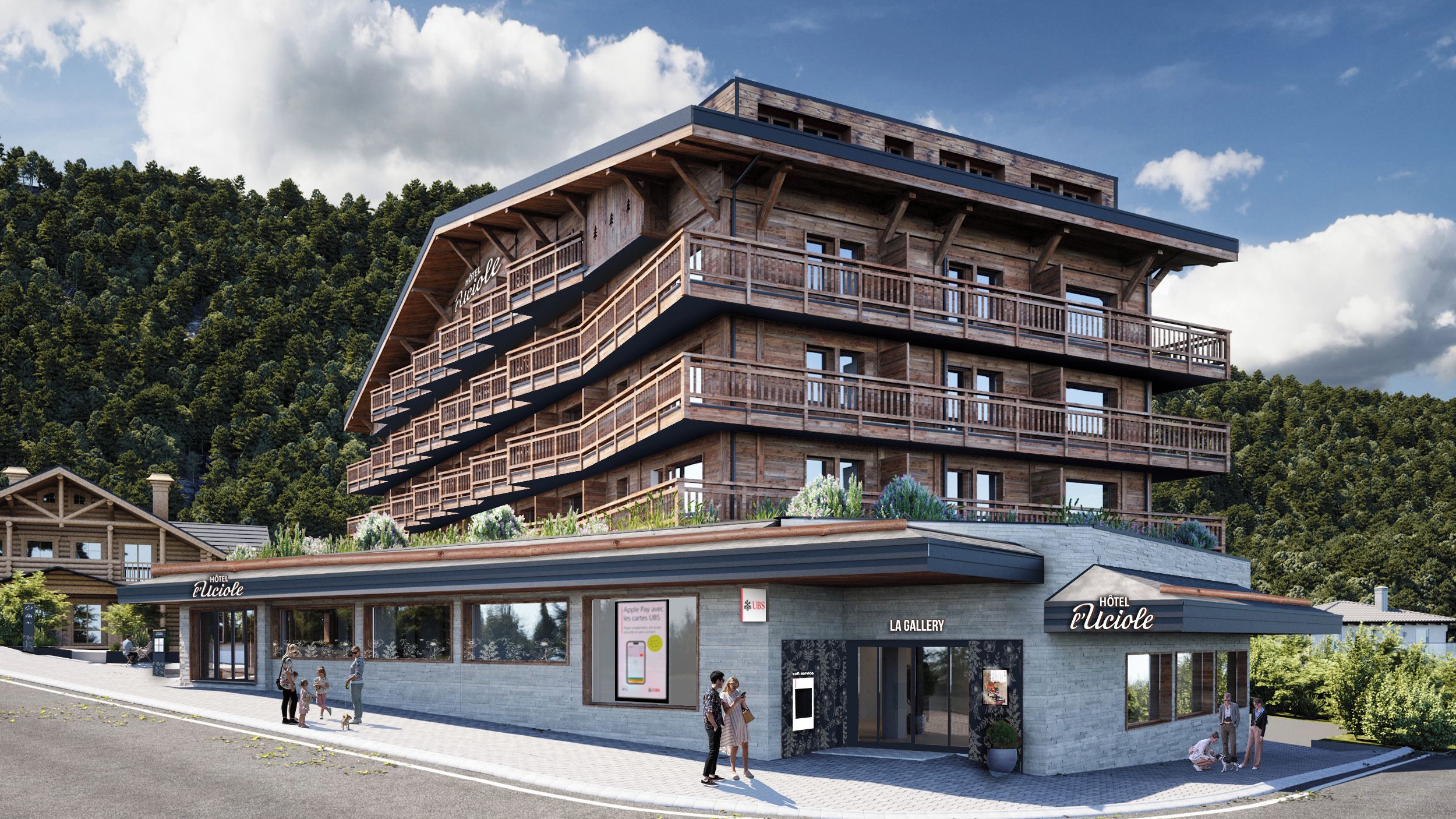 A multi-story hotel with balconies, a ground-level restaurant, and a UBS bank branch.