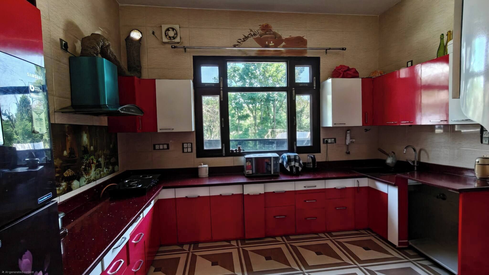 A kitchen with red cabinets, a stove, a microwave, and a window with a view of trees.