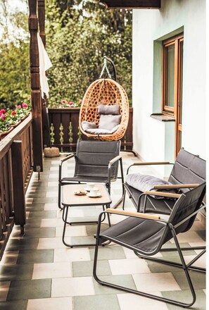 Furniture, Chair, Outdoor Furniture, Wicker, Folding Chair, Outdoor Table, Patio, Flowerpot, Wood Stain, Natural Material