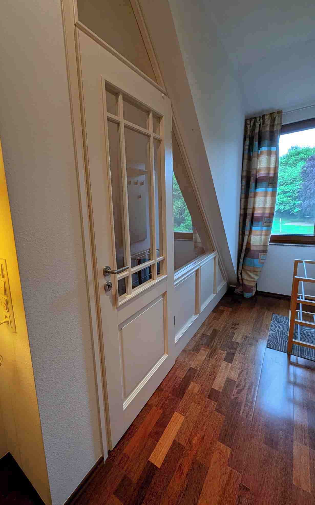 A room with a wooden floor, a white door with glass panels, a window with curtains, and a view of greenery outside.