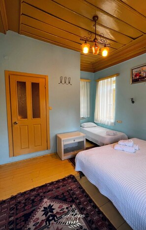 Una habitación con dos camas, una puerta de madera, una mesita de noche pequeña, un tapete estampado y una lámpara en el techo.