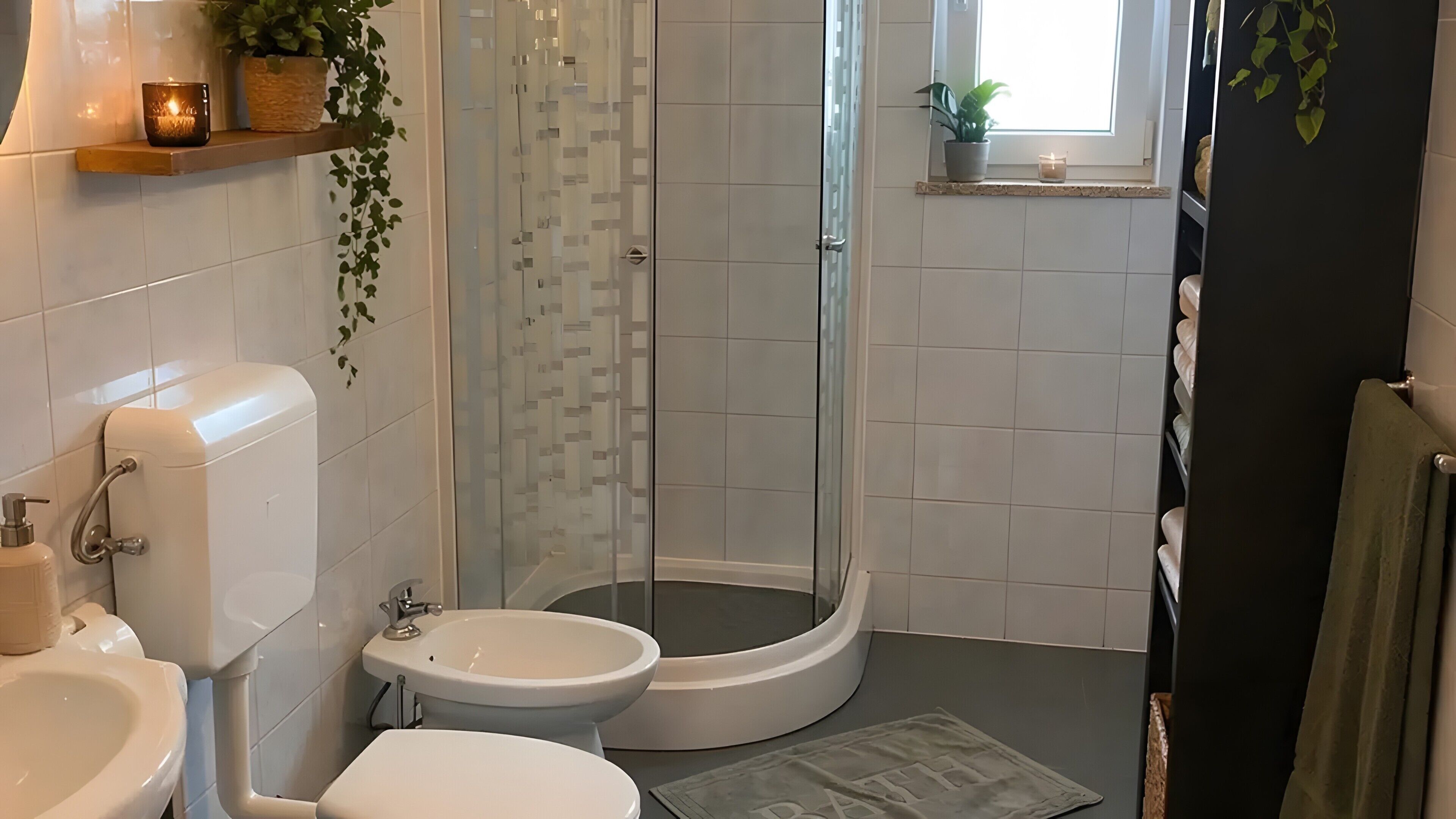 Un baño con inodoro, bidé y ducha con mampara de vidrio.