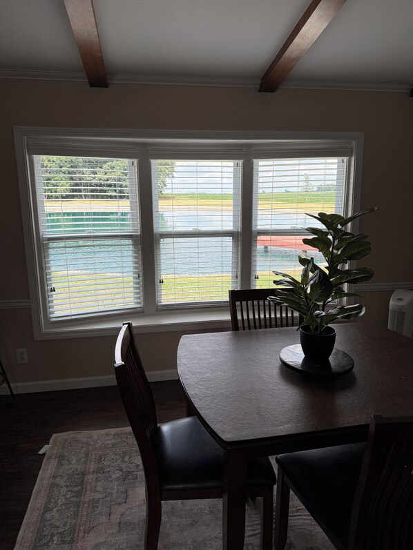 A dining area with a table, chairs, a potted plant, and a view of a water body through a window.