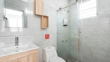 Shower, hair dryer, towels, shampoo