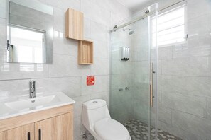 Dusche, Haartrockner, Handtücher, Shampoo