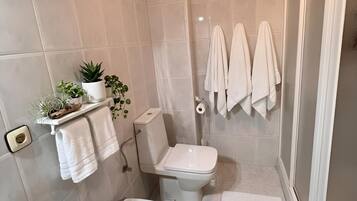 Shower, hair dryer, bidet, towels