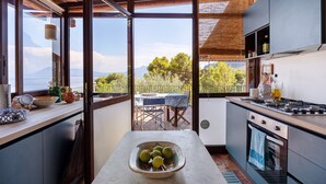 Une cuisine avec vue sur les montagnes, un coin repas avec une table et des chaises, et une grande fenêtre.