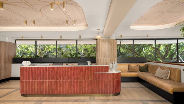 A modern reception area with a wooden reception desk, a sofa, and large windows with a view of greenery. - Charlie and the Chairman | Sleek Studio Stay (Cape Town)