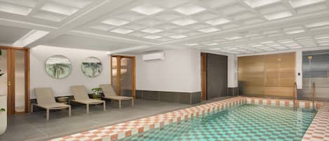 A swimming pool with checkered tiles, lounge chairs, and a ceiling with a grid pattern.