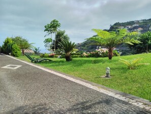 A paved pathway with a bench, surrounded by lush greenery and flowering plants. - Villa 'Quinta Do Serrado' with Sea View, Private Garden and Wi-Fi (Ribeira da Janela)