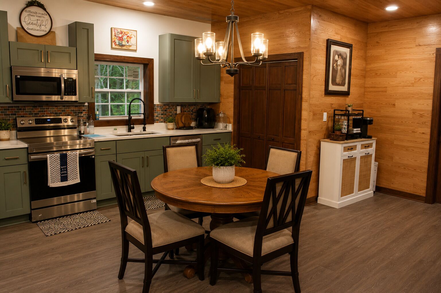 A kitchen with a dining table, chairs, a chandelier, and wooden cabinets.