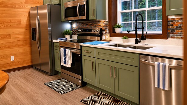 A modern kitchen with stainless steel appliances, a window with a view of trees, and a patterned rug. - Secluded Cabin Retreat - Fast internet - Fire Pit (Summerville)