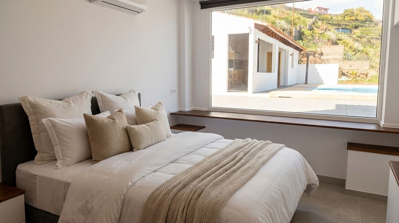 A bedroom with a large bed, a window with a view of a building and a pool, and a white wall.