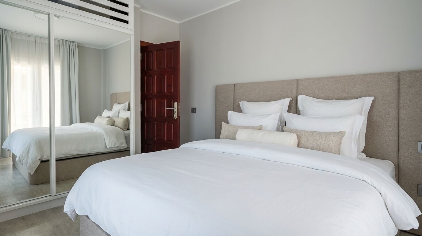 A hotel room with a large bed, a wooden door, and a mirror reflecting the room.