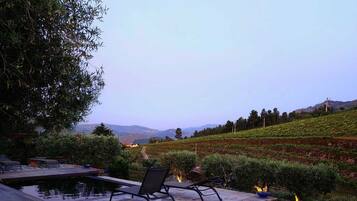 An outdoor seating area with stone flooring and a pool, overlooking a vineyard.