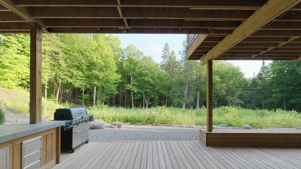 Une terrasse en bois dotée d’un barbecue et de rangements intégrés, entourée d’une zone boisée.