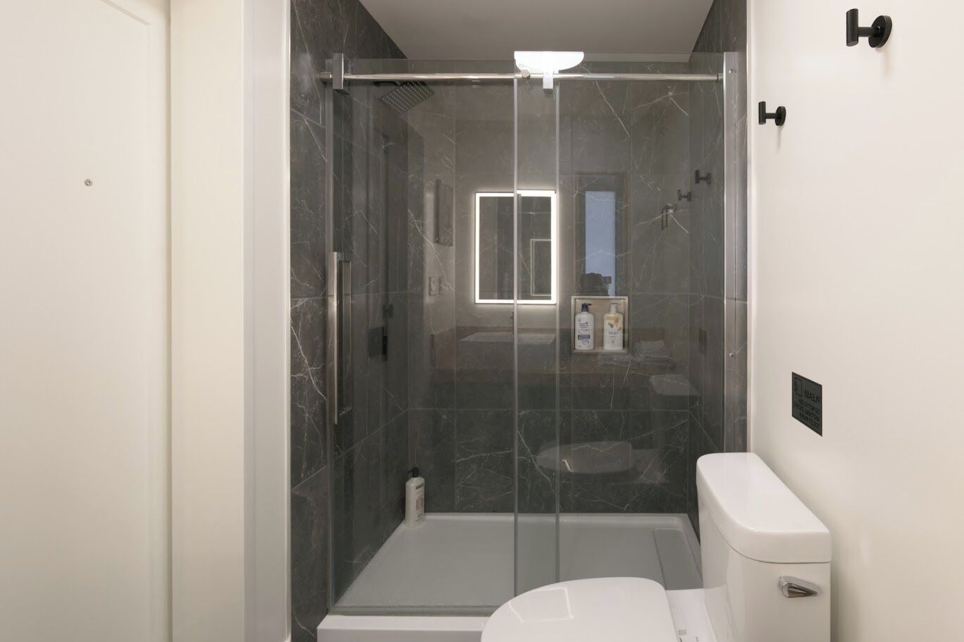 A modern bathroom with a glass-enclosed shower, a toilet, and a small mirror.