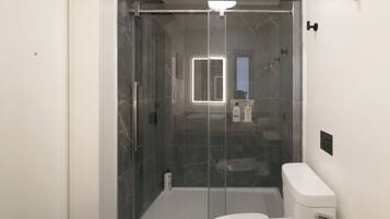 A modern bathroom with a glass-enclosed shower, a toilet, and a small mirror.