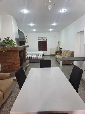 A modern living room with a fireplace, a dining table, and a sofa.