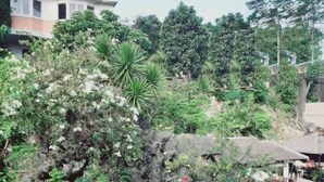 Un edificio a più piani con tetto spiovente, circondato da vegetazione lussureggiante e un terreno roccioso.