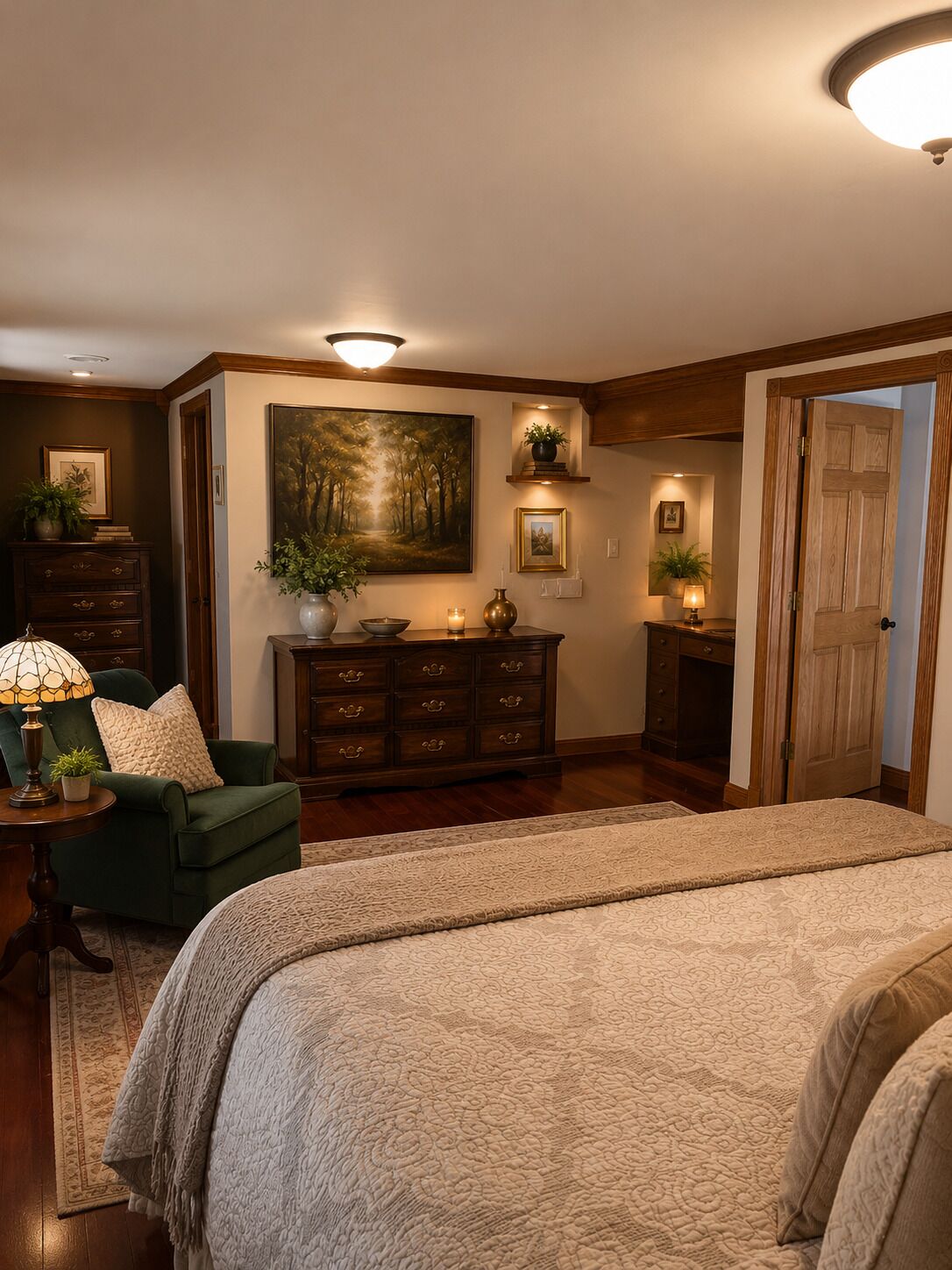 A bedroom with a large bed, a dresser, a chair, and a painting on the wall.