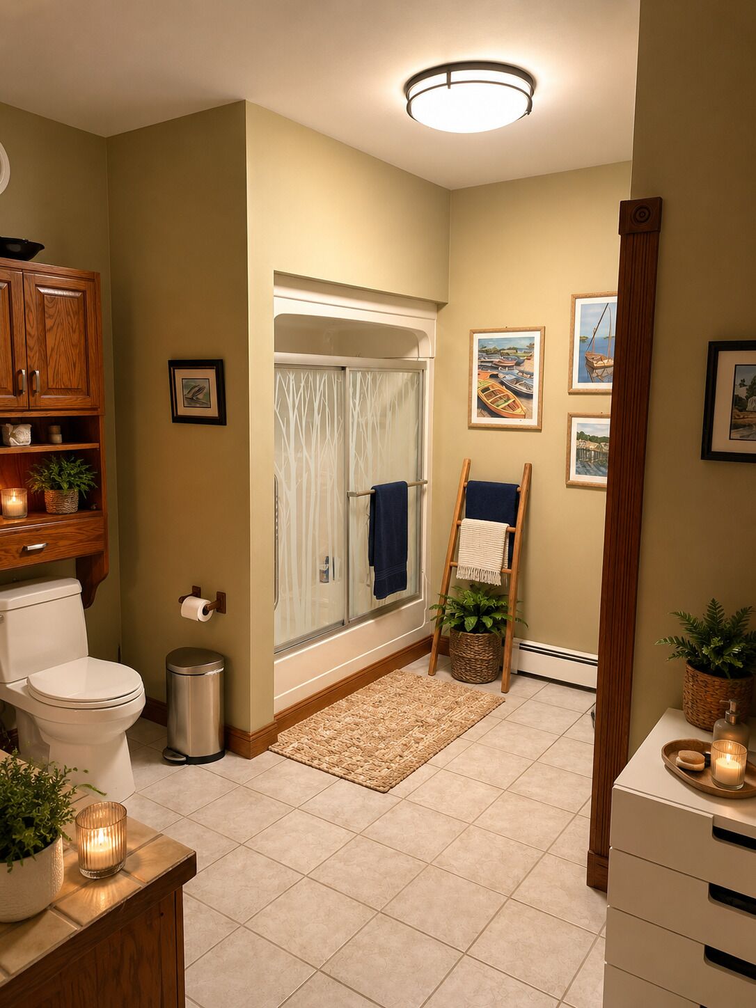 A bathroom with a toilet, sink, vanity, and a shower area.