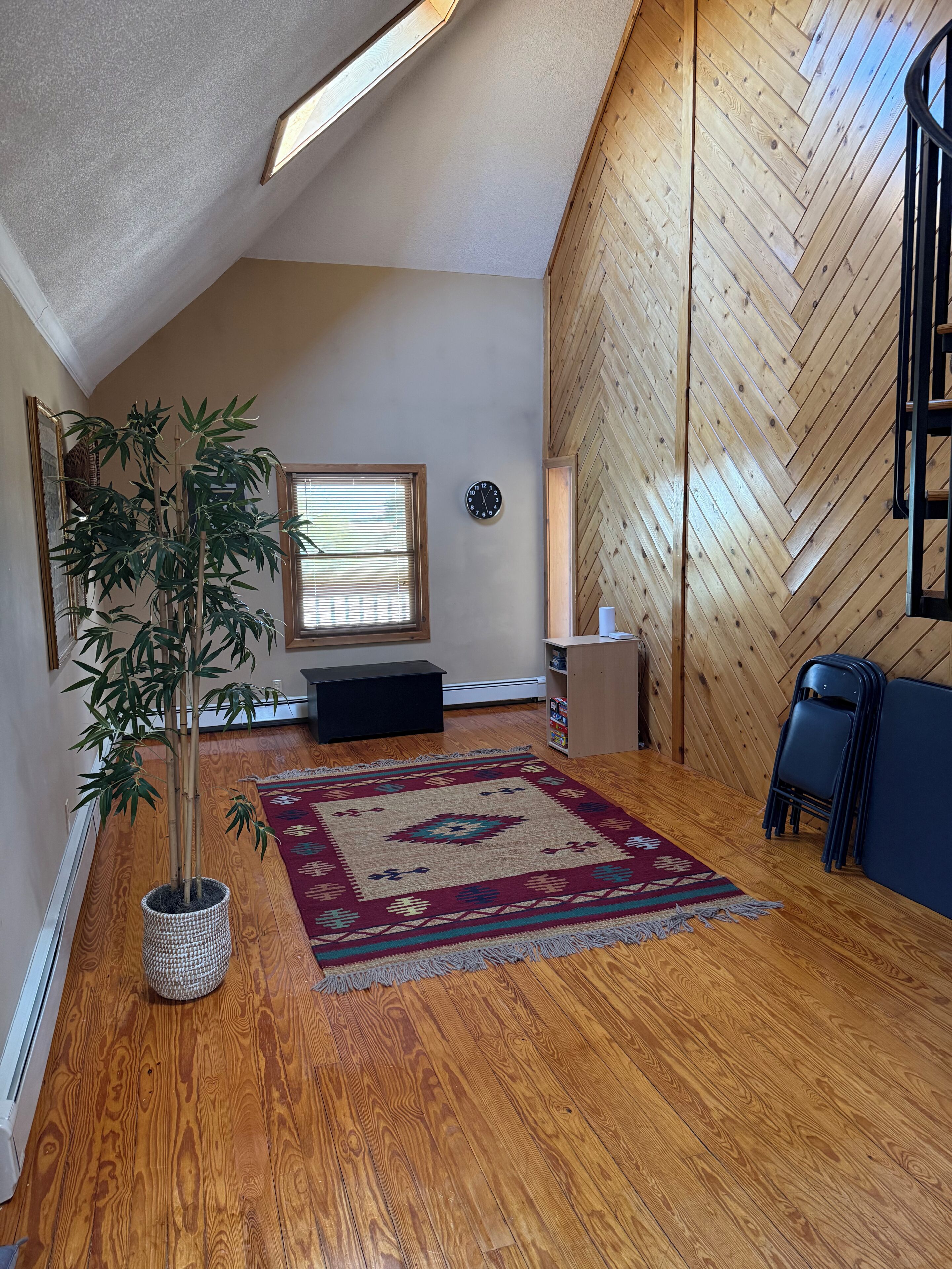 A room with a wooden floor, a large potted plant, a rug, a clock, and a window with blinds.