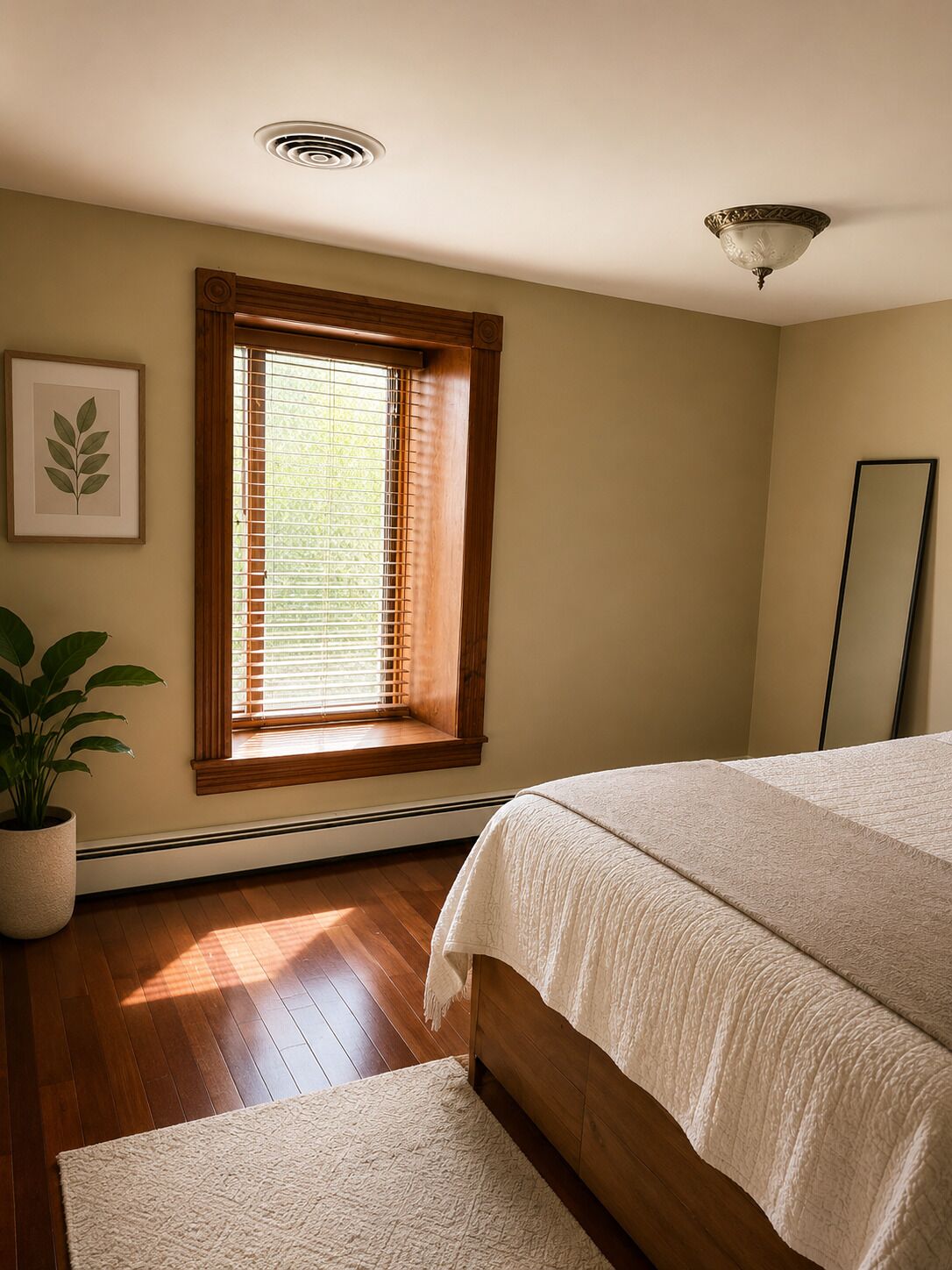 A bedroom with a wooden bed, a window with blinds, a potted plant, a framed picture, and a mirror.
