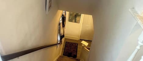 Una escalera empapelada con barandilla, un cuadro en la pared y una puerta al final.