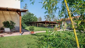 A patio area with outdoor furniture, a pergola, and a well-maintained lawn.